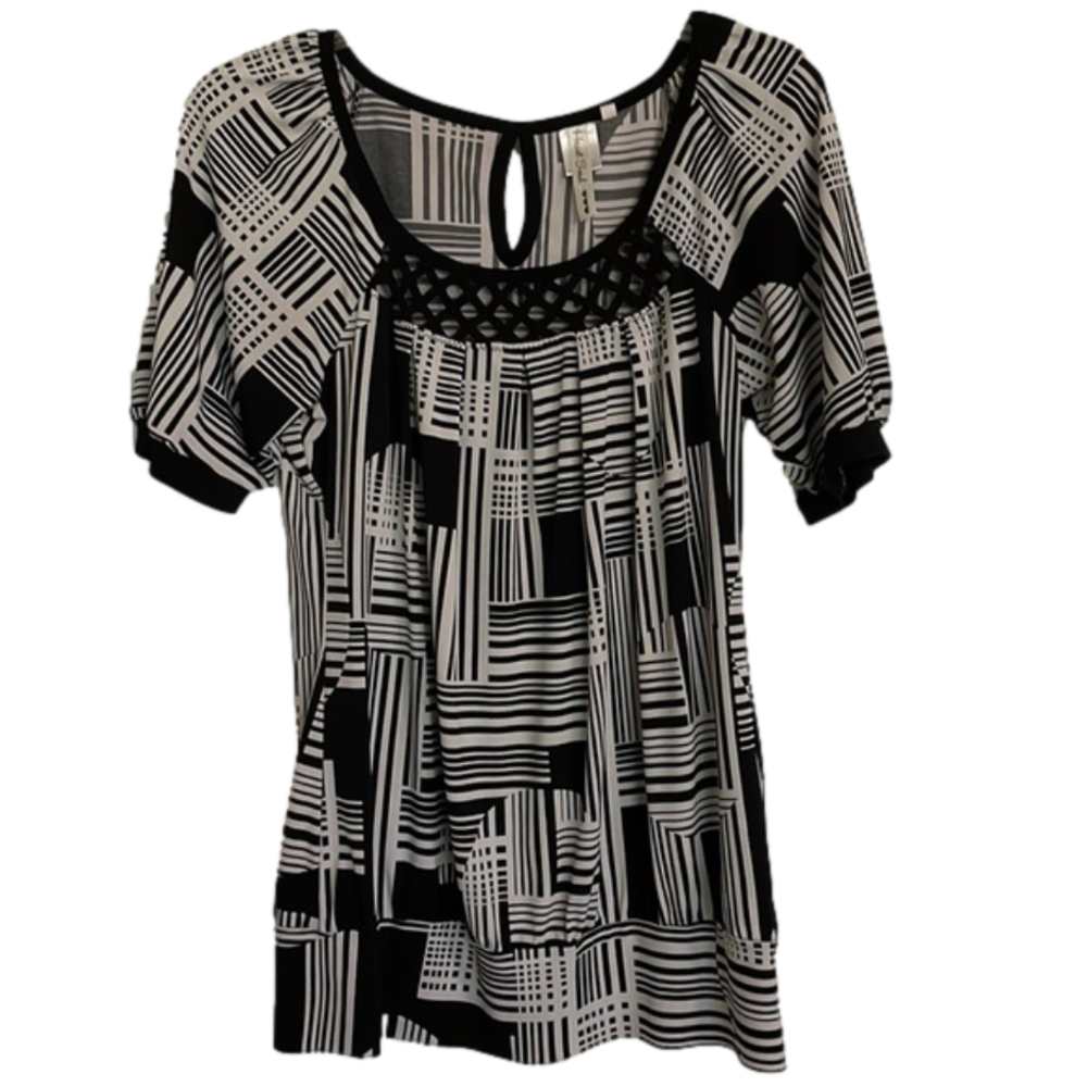 HEART SOUL Geometric Pattern Pullover Top, Women’s L, Black White